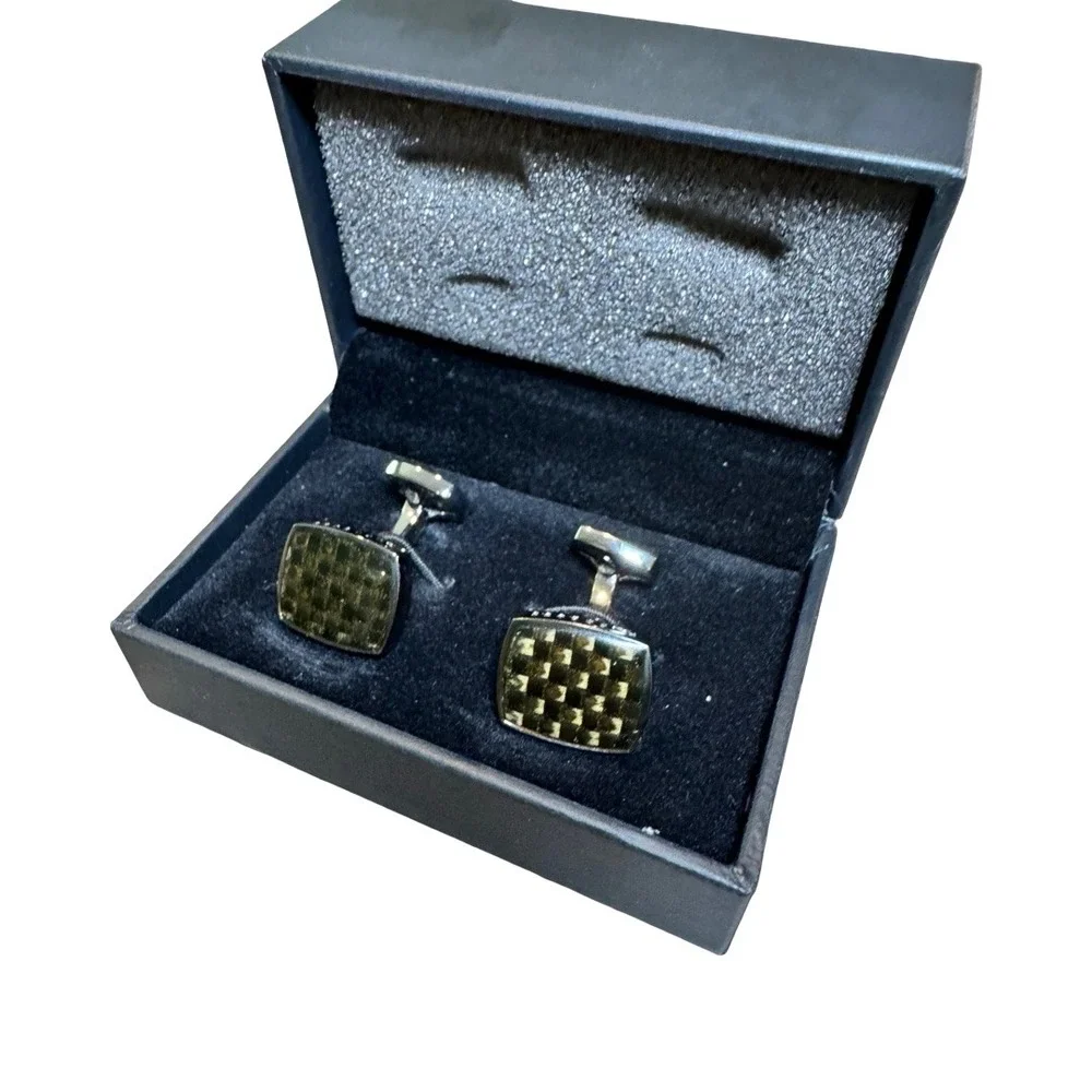 Hugo Boss Mens Carbon Fiber Inlay Green Square Cufflinks Silver Tone with Box
